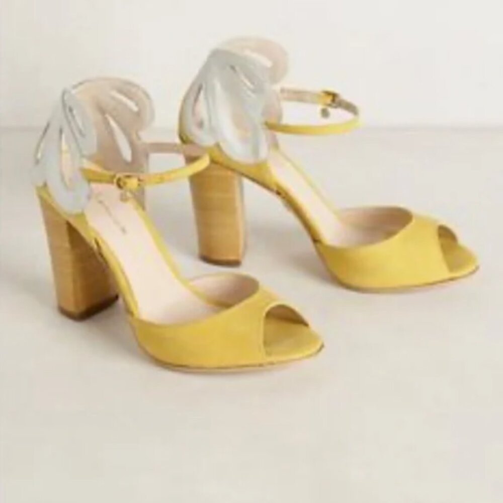 Guilhermina Yellow Suede Open-Toe Pumps with White Flower Ankle Detail in Size 4